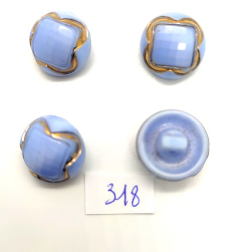 4 boutons en verre bleu et doré - 18mm - 318