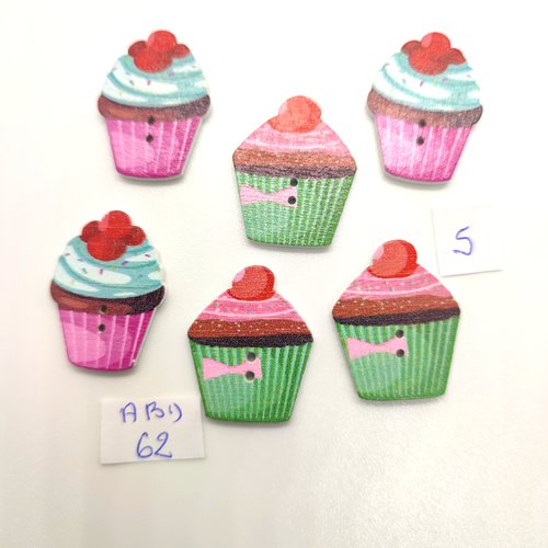 6 boutons fantaisie en bois multicolore - cupcake - 19x26mm - bri 62