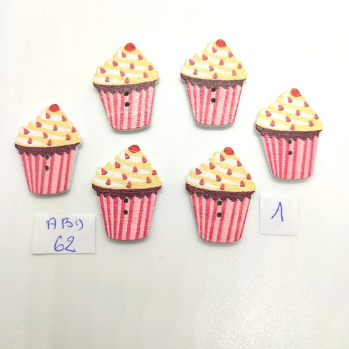 6 boutons fantaisie en bois multicolore - cupcake - 19x26mm - bri 62