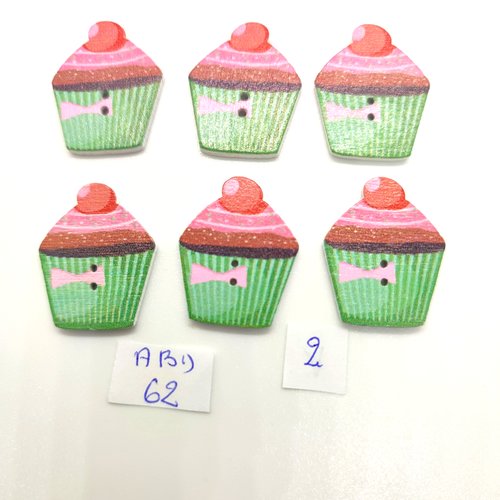 6 boutons fantaisie en bois multicolore - cupcake - 19x26mm - bri 62