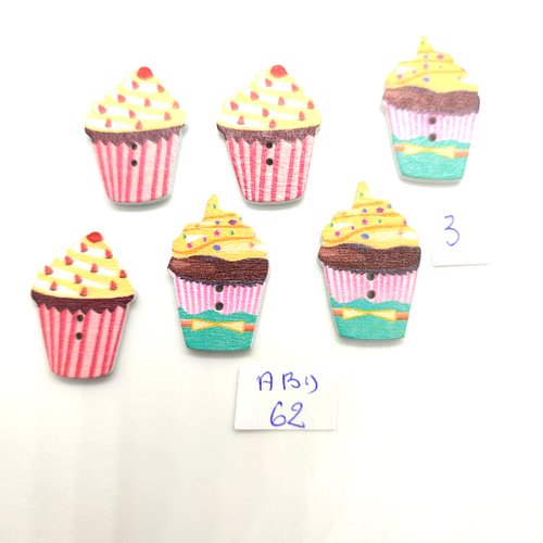 6 boutons fantaisie en bois multicolore - cupcake - 19x26mm - bri 62