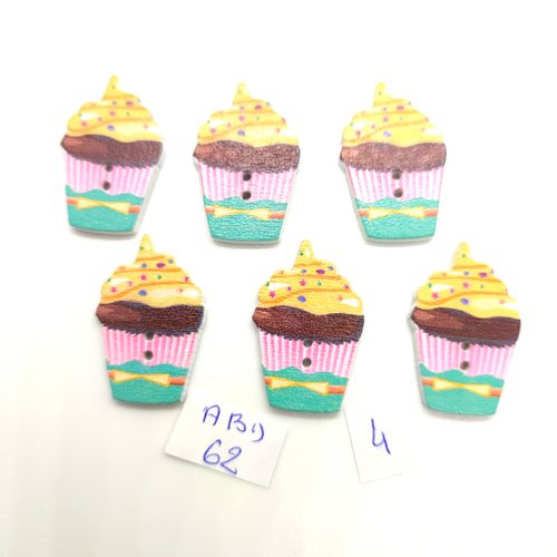 6 boutons fantaisie en bois multicolore - cupcake - 19x26mm - bri 62