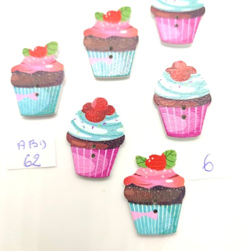 6 boutons fantaisie en bois multicolore - cupcake - 19x26mm - bri 62