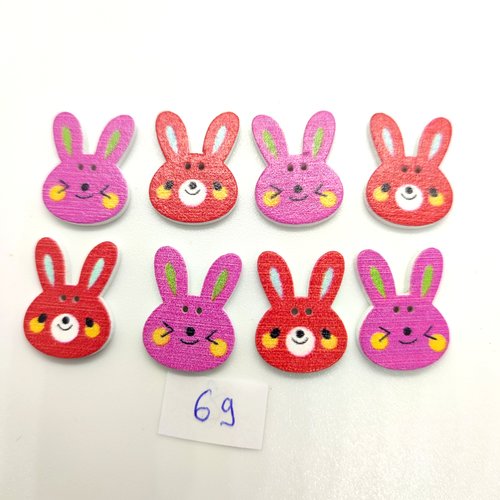8 boutons fantaisie en bois rouge et mauve - un lapin - 15x20mm - bri69