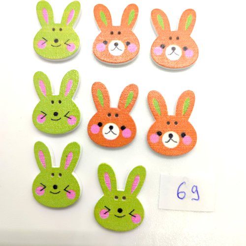 8 boutons fantaisie en bois vert et orange - un lapin - 15x20mm - bri69