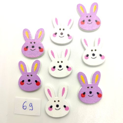 8 boutons fantaisie en bois lilas et blanc - un lapin - 15x20mm - bri69