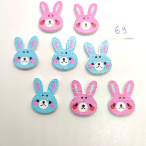 8 boutons fantaisie en bois bleu clair et rose - un lapin - 15x20mm - bri69