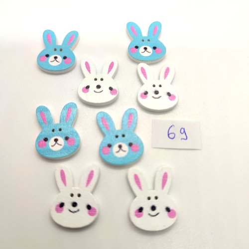 8 boutons fantaisie en bois bleu clair et blanc - un lapin - 15x20mm - bri69