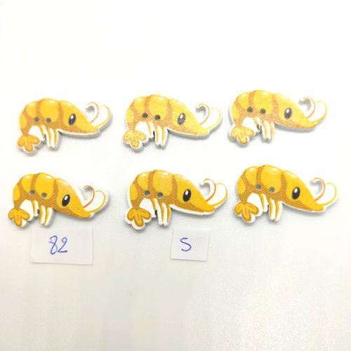 6 boutons fantaisie en bois jaune - crevette - 18x32mm - bri82