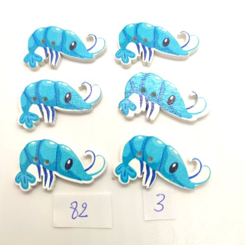 6 boutons fantaisie en bois bleu - crevette - 18x32mm - bri82