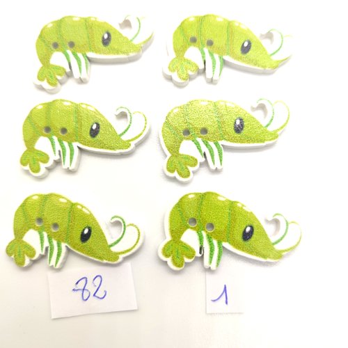 6 boutons fantaisie en bois vert - crevette - 18x32mm - bri82
