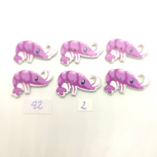 6 boutons fantaisie en bois violet - crevette - 18x32mm - bri82
