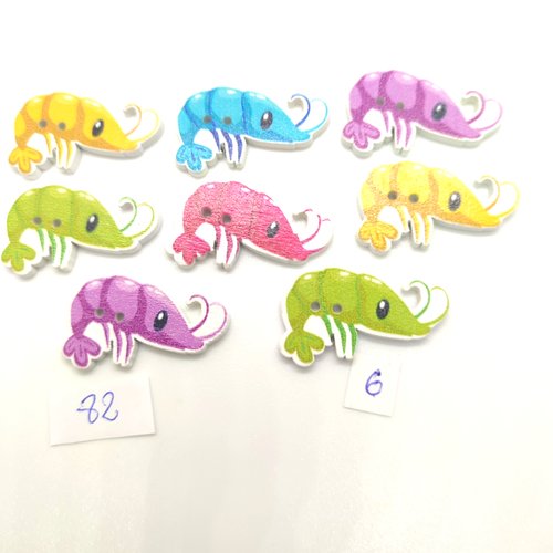 8 boutons fantaisie en bois multicolore - crevette - 18x32mm - bri82