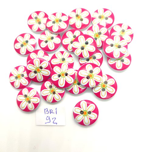 24 boutons en bois blanc et rouge - fleur - 15mm - bri92