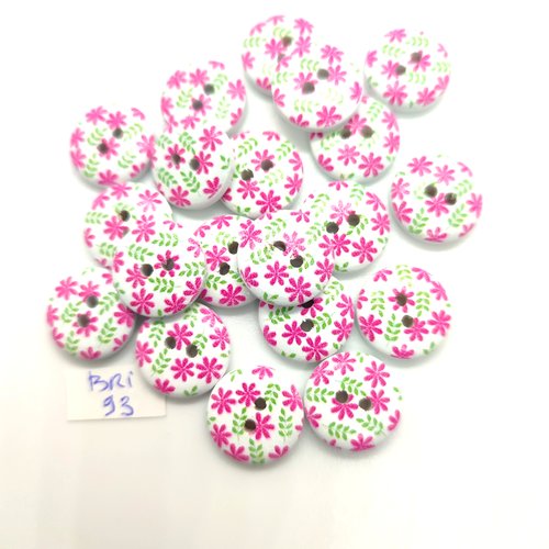 20 boutons en bois blanc et fuchsia - fleur - 15mm - bri93