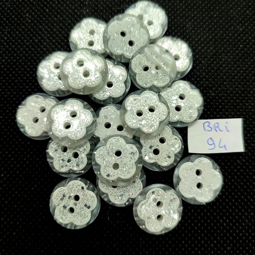 20 boutons en résine blanc pailleté - fleur - 15mm - bri94