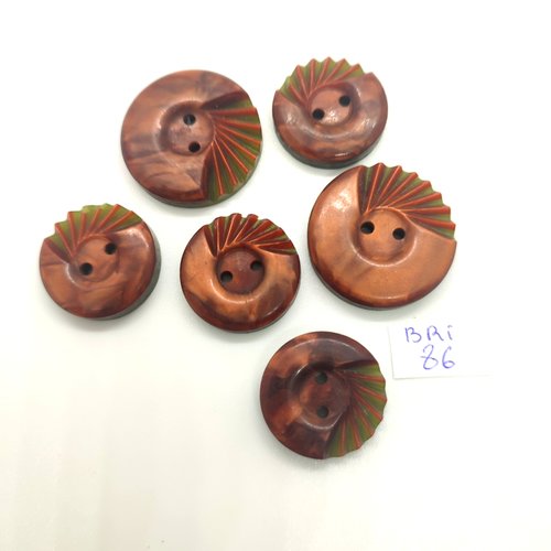 6 boutons en résine marron et vert dessous - 27mm et 22mm - bri86