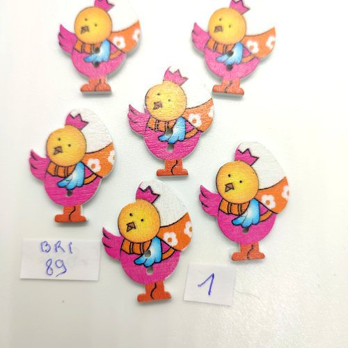 6 boutons fantaisie en bois multicolore - des poussins - 21x28mm - bri89