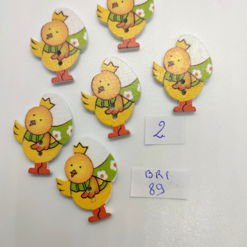 6 boutons fantaisie en bois multicolore - des poussins - 21x28mm - bri89
