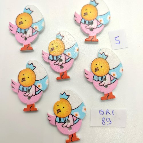 6 boutons fantaisie en bois multicolore - des poussins - 21x28mm - bri89