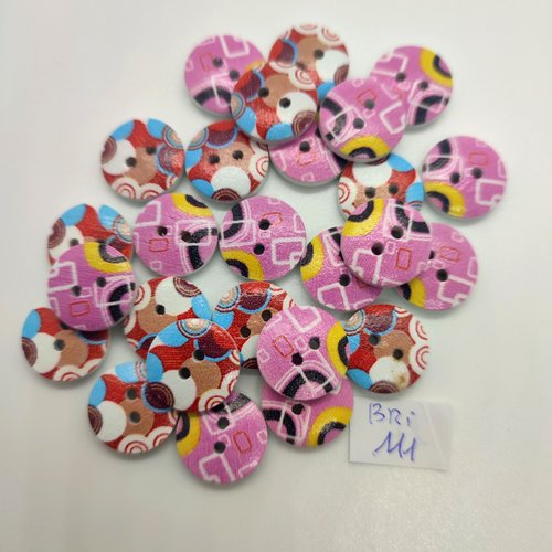 26 boutons fantaisie en bois multicolore - 15mm - bri111