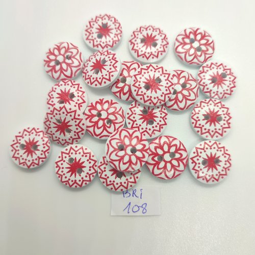 20 boutons fantaisie en bois blanc et rouge - 15mm - bri108
