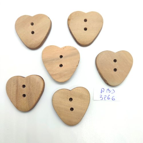 6 boutons fantaisie en bois coeur marron clair - 26x28mm - abd3266