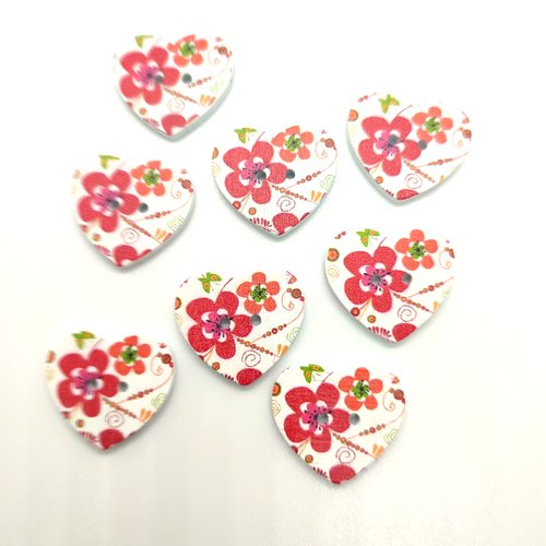 8 boutons fantaisie en bois coeur multicolore - 22x25mm - abd3269