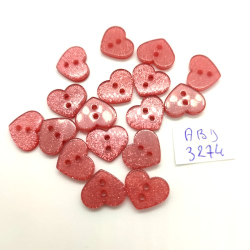17 boutons fantaisie en résine coeur rose pailleté - 13mm - abd3274