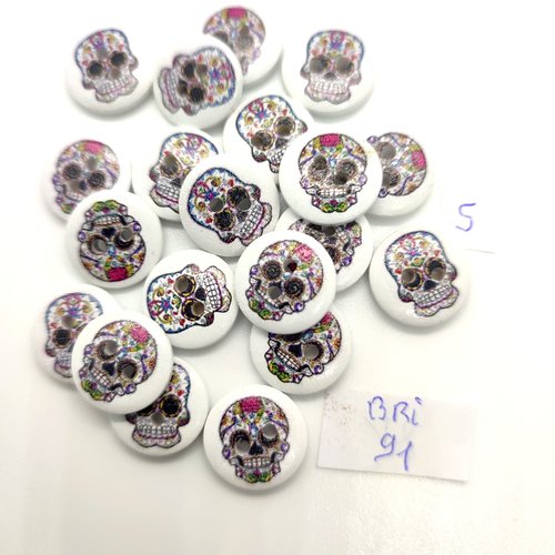 20 boutons fantaisie en bois multicolore (tete de mort) - 15mm - bri91