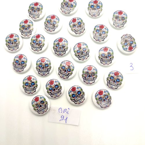 24 boutons fantaisie en bois multicolore (tete de mort) - 15mm - bri91