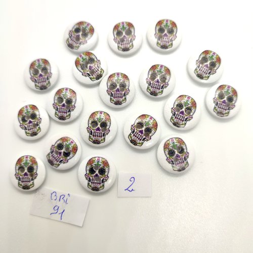 18 boutons fantaisie en bois multicolore (tete de mort) - 15mm - bri91