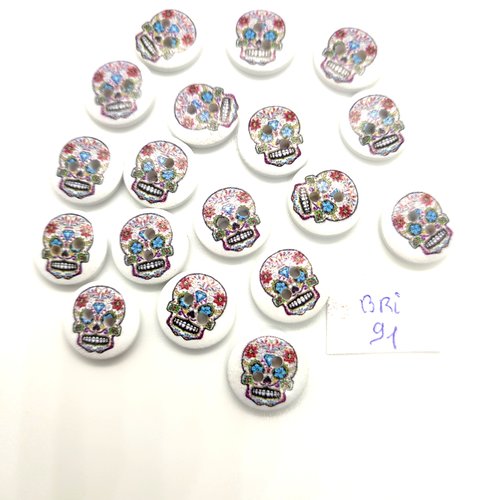18 boutons fantaisie en bois multicolore (tete de mort) - 15mm - bri91