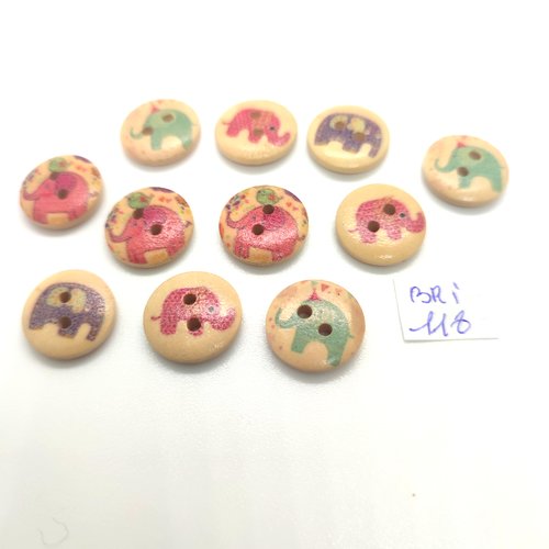 11 boutons fantaisie en bois multicolore (éléphant) - 15mm - bri118
