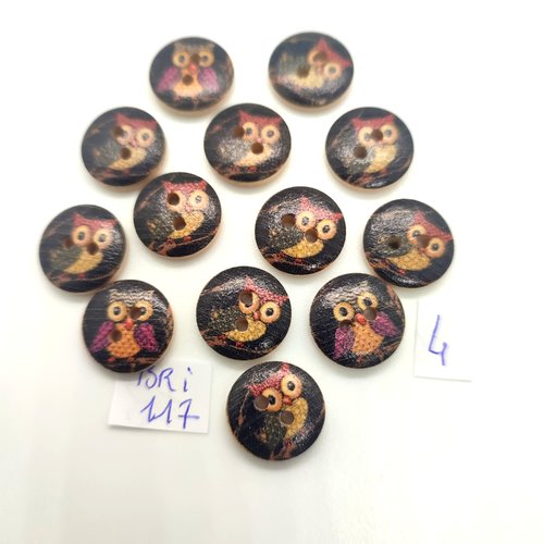 13 boutons fantaisie en bois multicolore (chouette) - 15mm - bri117