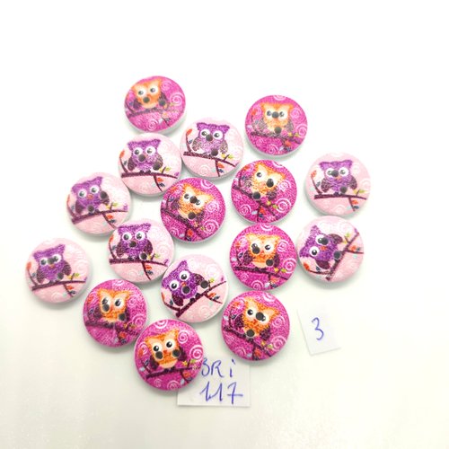 16 boutons fantaisie en bois multicolore (chouette) - 15mm - bri117