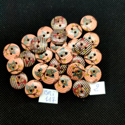 27 boutons fantaisie en bois multicolore (chouette) - 15mm - bri117