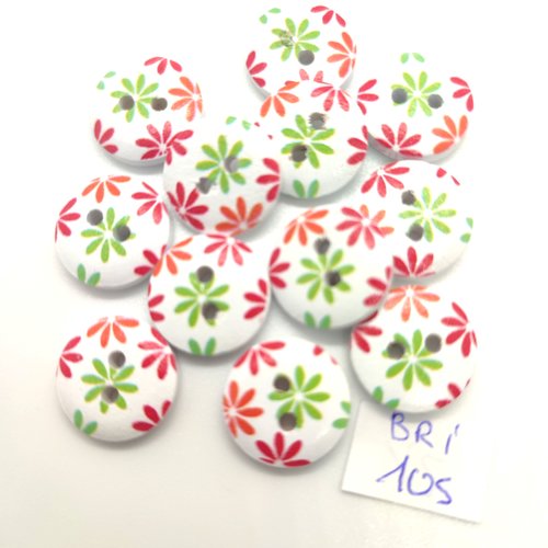 12 boutons fantaisie en bois multicolore (fleur) - 15mm - bri105