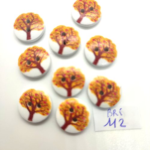 9 boutons fantaisie en bois jaune sur fond blanc (arbre) - 15mm - bri112