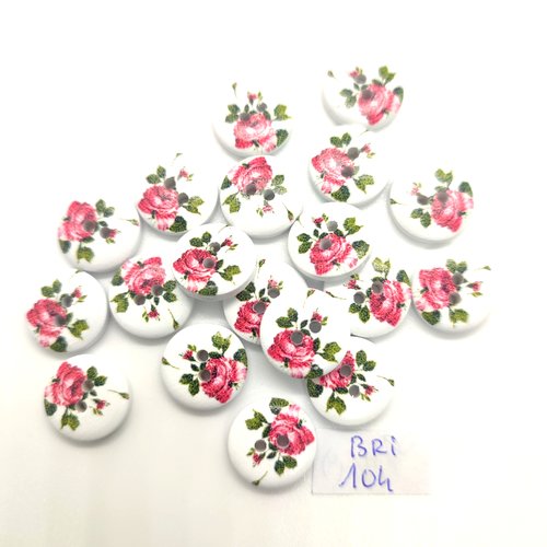19 boutons fantaisie en bois blanc et rose (fleur) - 15mm - bri104