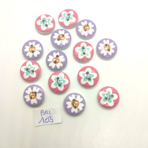 14 boutons fantaisie en bois multicolore (fleur) - 15mm - bri103