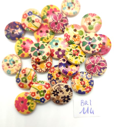 25 boutons fantaisie en bois multicolore (fleur) - 15mm - bri114
