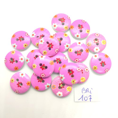 17 boutons fantaisie en bois fond rose et multicolore (fleur) - 15mm - bri107