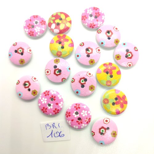 16 boutons fantaisie en bois multicolore (fleur) - 15mm - bri106