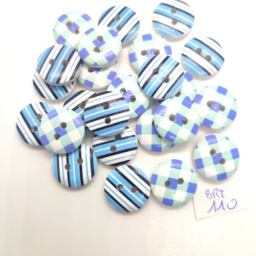 24 boutons fantaisie en bois bleu et blanc - 15mm - bri110
