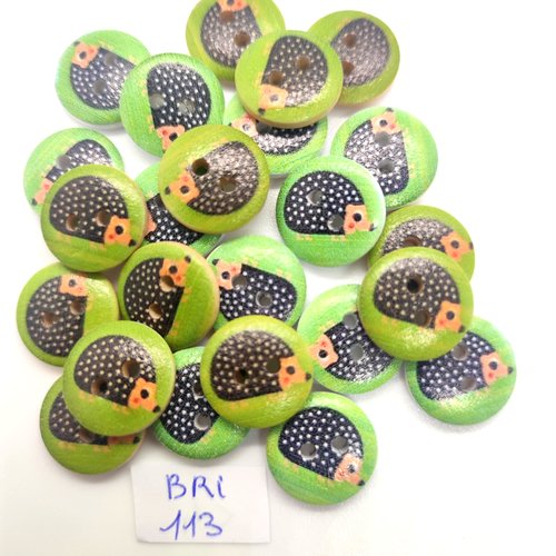 24 boutons fantaisie en bois vert et noir (hérisson) - 15mm - bri113
