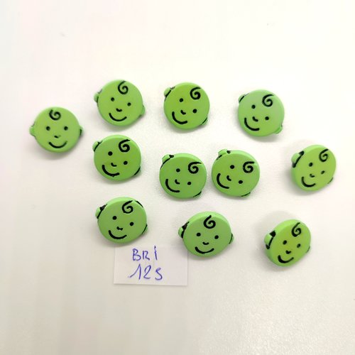 11 boutons fantaisie en résine vert (smiley) - 13mm - bri125