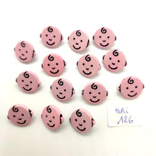 14 boutons fantaisie en résine rose (smiley) - 13mm - bri126