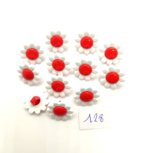 12 boutons fantaisie en résine blanc et rouge (fleur) - 13mm - bri128