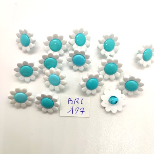 15 boutons fantaisie en résine blanc et bleu (fleur) - 13mm - bri127